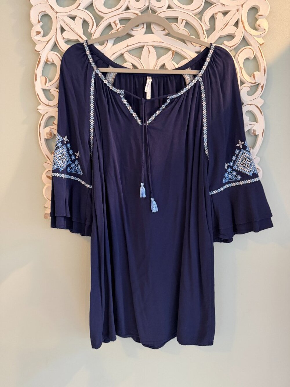 Southern Tide Navy Blue Embroidered Tassel Tiered Bell Sleeve Dress
